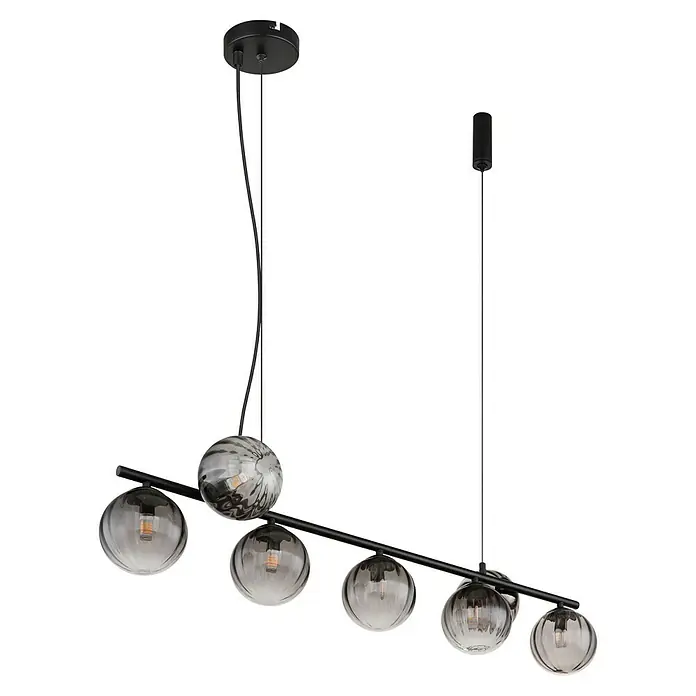 Globo Dallerta Hängelampe Dallerta - 10 W, Schwarz matt, L x B x H: 95 x 28 x 120 cm, G9, 7 Stk. - Elegante Pendelleuchte mit sechs Glaskugeln in Grau- und Marmoroptik, die ein stilvolles Ambiente erzeugt. Zeitloses Design für moderne Wohnräume.