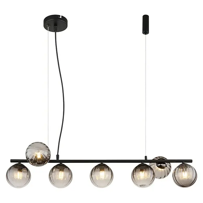 Globo Dallerta Hängelampe Dallerta - 10 W, Schwarz matt, L x B x H: 95 x 28 x 120 cm, G9, 7 Stk. - Schwarze Hängelampe mit sieben Glaskugeln, die ein warmes Licht verbreiten, ideal für Esszimmer oder Wohnbereiche.