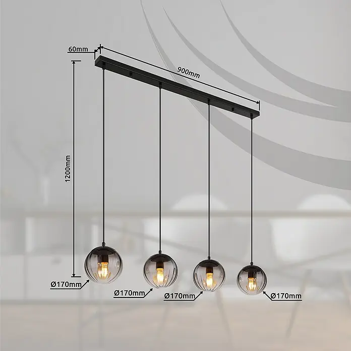 Globo Dallerta Hängelampe Dallerta - 60 W, Schwarz matt, L x B x H: 95 x 28 x 120 cm, 4 Stk. - Detailaufnahme einer Pendelleuchte mit vier Kugelschirmen, Abmessungen sind angegeben.