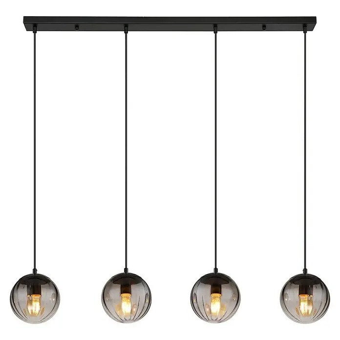 Globo Dallerta Hängelampe Dallerta - 60 W, Schwarz matt, L x B x H: 95 x 28 x 120 cm, 4 Stk. - Elegante Pendelleuchte mit vier rauchgrauen Glaslampenschirmen und warmweißem Licht, ideal für moderne Wohnräume.