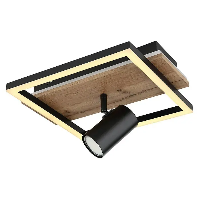 Globo LED-Deckenleuchte Kassu - 24 W, Warmweiß, Schwarz/Holz, L x B x H: 32 x 27 x 15 cm, 2 Stk. - Moderne Deckenleuchte mit quadratischem Design, Holzdetails und einem verstellbaren schwarzen Strahler für zielgerichtete Beleuchtung.