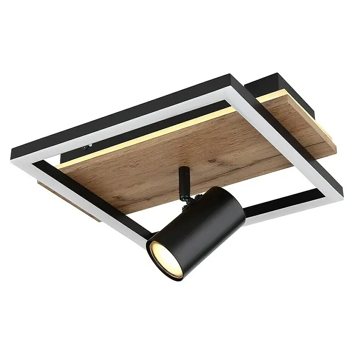 Globo LED-Deckenleuchte Kassu - 24 W, Warmweiß, Schwarz/Holz, L x B x H: 32 x 27 x 15 cm, 2 Stk. - Moderne Deckenleuchte mit Holzoptik und schwarzem Strahler, umgeben von einem Rahmen in Schwarz und Weiß.