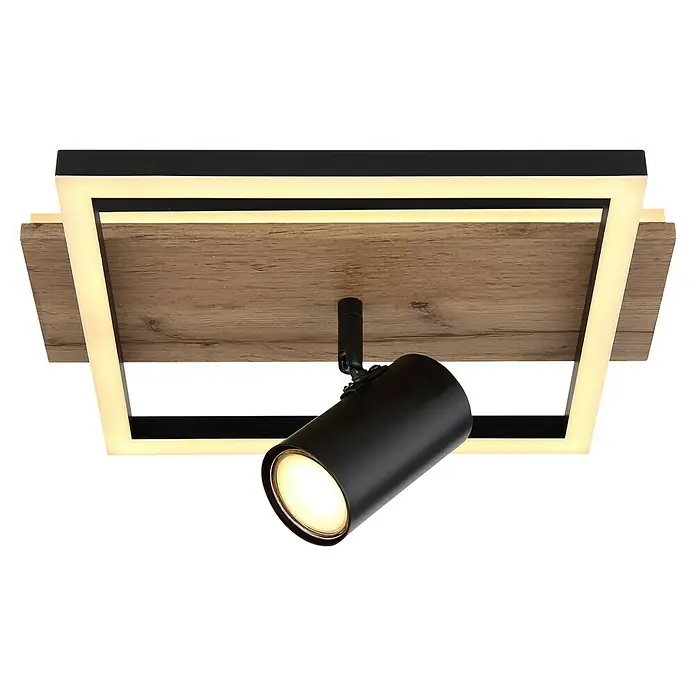 Globo LED-Deckenleuchte Kassu - 24 W, Warmweiß, Schwarz/Holz, L x B x H: 32 x 27 x 15 cm, 2 Stk. - Quadratische Deckenleuchte mit LED-Lichtrahmen und einem verstellbaren, schwarzen Strahler für gezielte Beleuchtung.