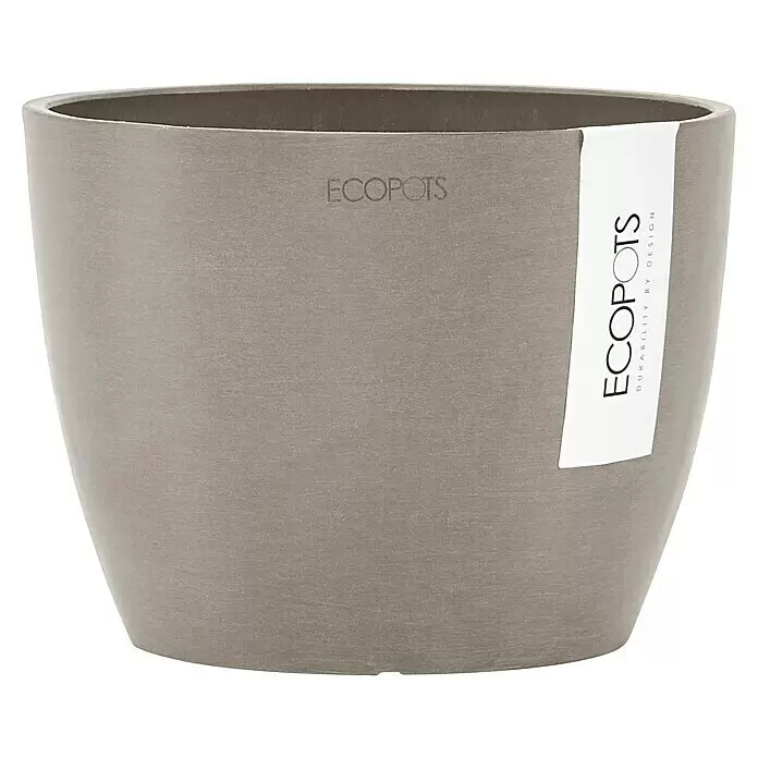 Ecopots Pflanztopf Stockholm - Außenmaß (Ø x H): 16,2 x 12 cm, Kunststoff, Braungrau - Strukturierter grauer ECOPOTS Blumentopf mit Markenprägung und weißem Etikett.