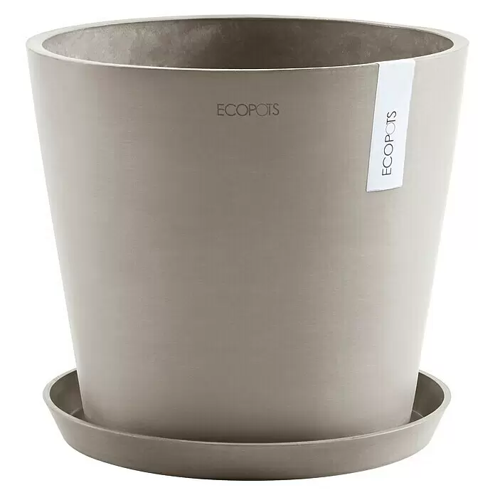 Ecopots Amsterdam Pflanzkübel rund - Außenmaß (Ø x H): 40 x 34,8 cm, Kunststoff, Braungrau, Mit Bewässerungssystem - Grauer Blumentopf aus Recyclingmaterial mit passender Untertasse. Steinähnliche Textur und ECOPOTS-Branding.