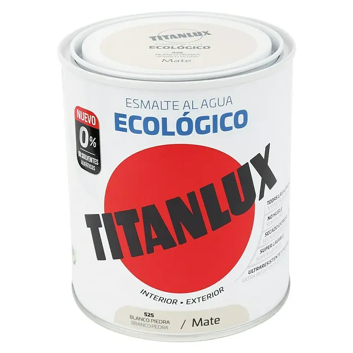 Titanlux Esmalte de color Eco - Blanco piedra, Mate, 750 ml, Base de agua - Bote de pintura al agua "Ecologico" de Titanlux en blanco mate. Ideal para interiores y exteriores, ecológica y sin disolventes.