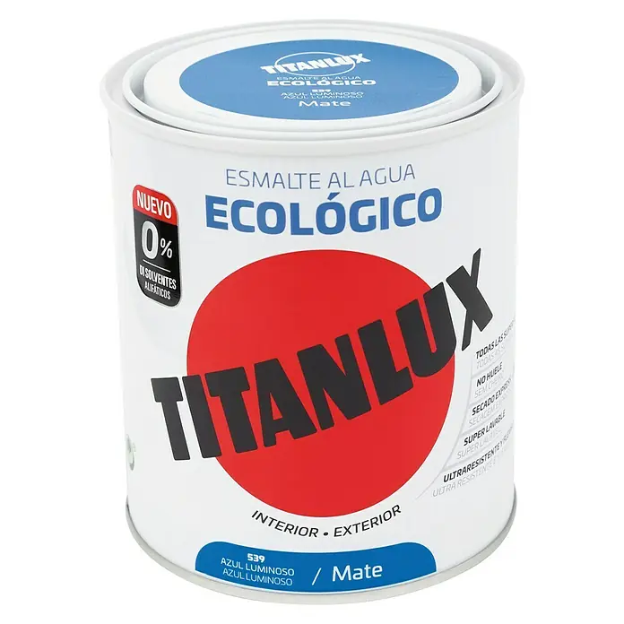 Titanlux Esmalte de color Eco - Azul luminoso, Mate, 750 ml, Base de agua - Bote de pintura de esmalte al agua ecológico Titanlux en azul luminoso, ideal para interiores y exteriores.