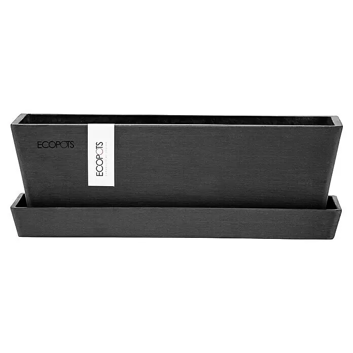 Ecopots Bruges Pflanzkasten Mini mit Untersetzer - Außenmaß (L x B x H): 25 x 8,7 x 8,5 cm, Kunststoff, Dunkelgrau - Dunkelgrauer, rechteckiger Pflanzkübel mit 'ECOPOTS'-Etikett und passender Untertasse aus strukturiertem, langlebigem Material.