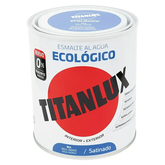 Titanlux Esmalte de color Eco - Azul índigo, Satinado, 750 ml, Base de agua - Bote de pintura al agua TITANLUX "Ecologico" en azul índigo, ideal para interiores y exteriores, ecológica con acabado satinado.