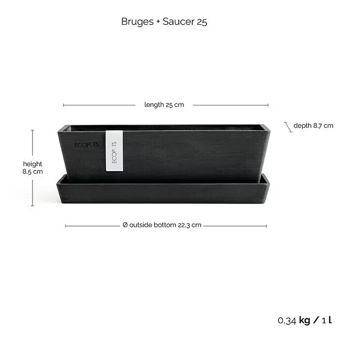 Ecopots Bruges Pflanzkasten Mini mit Untersetzer - Außenmaß (L x B x H): 25 x 8,7 x 8,5 cm, Kunststoff, Dunkelgrau - Dunkelgrauer rechteckiger Pflanzkübel mit passendem Untersetzer.