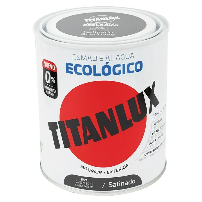 Titanlux Esmalte de color Eco - Gris medio, Satinado, 750 ml, Base de agua - Bote de esmalte al agua Titanlux, ecológico, gris medio, para interior y exterior.