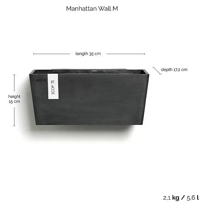 Ecopots Wand-Pflanzkasten Manhattan Wall - Außenmaß (L x B x H): 35 x 17,2 x 15 cm, Kunststoff, Dunkelgrau, Rechteckig - Dunkelgrauer rechteckiger Ecopots Manhattan Wall M Wandpflanzkübel.