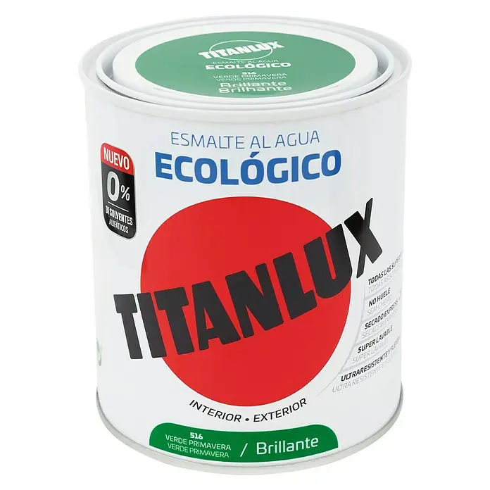 Titanlux Esmalte de color Eco - Verde primavera, Brillante, 750 ml, Base de agua - Bote de pintura al agua Titanlux Ecológico en verde primavera, brillante. Pintura ecológica para interiores y exteriores.