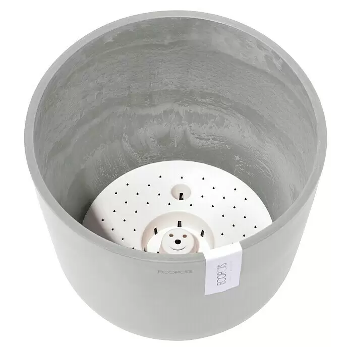 Ecopots Oslo Pflanztopf mit Wasserspeicher - Außenmaß (Ø x H): 25 x 21,4 cm, Kunststoff, Weißgrau - Grauer Pflanztopf mit strukturierter Oberfläche und weißem Selbstbewässerungseinsatz mit Drainagelöchern.