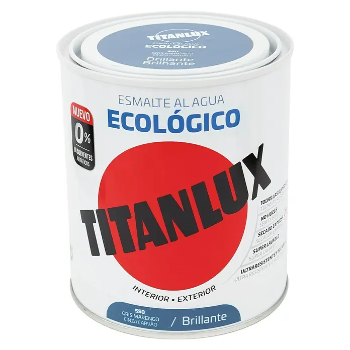 Titanlux Esmalte de color Eco - Gris marengo, Brillante, 750 ml, Base de agua - Un bote de esmalte al agua Titanlux, ecológico, en color gris marengo. Ideal para interiores y exteriores, con acabado brillante.