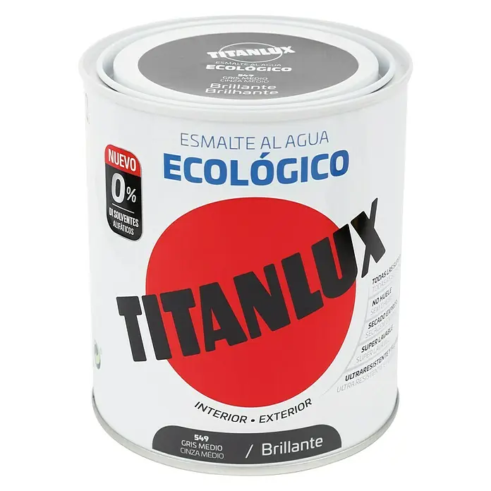 Titanlux Esmalte de color Eco - Gris medio, Brillante, 750 ml, Base de agua - Bote de esmalte al agua Titanlux, ecológico, en gris medio y brillante. Ideal para interiores y exteriores, respetuoso con el medio ambiente y resistente.