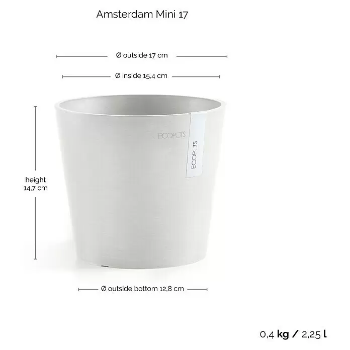 Ecopots Amsterdam Pflanztopf Mini - Außenmaß (Ø x H): 17 x 14,9 cm, Kunststoff, Weiß - Hellgrauer Ecopots Amsterdam Mini 17 Blumentopf. Durchmesser 17cm, Höhe 14.7cm, Volumen 2.25L.