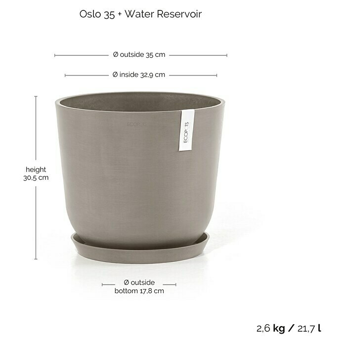 Ecopots Oslo Pflanztopf mit Wasserspeicher (Außenmaß (Ø x H): 35 x 47,9 cm, Kunststoff, Braungrau) | BAUHAUS