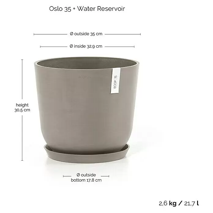 Ecopots Oslo Pflanztopf mit Wasserspeicher - Außenmaß (Ø x H): 35 x 40,5 cm, Kunststoff, Braungrau - Grauer Pflanztopf 'Oslo 35' mit Untersetzer und Wasserreservoir, Maße sichtbar.