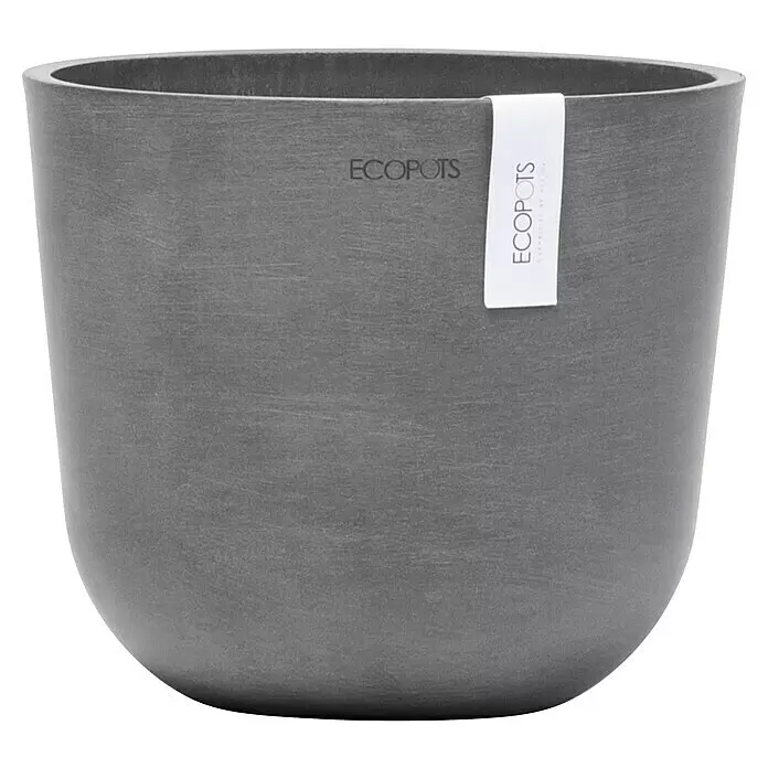 Ecopots Oslo Pflanztopf Mini - Außenmaß (Ø x H): 19 x 16,5 cm, Kunststoff, Grau - Runder, grauer strukturierter Blumentopf mit einem 'ECOPOTS'-Etikett.