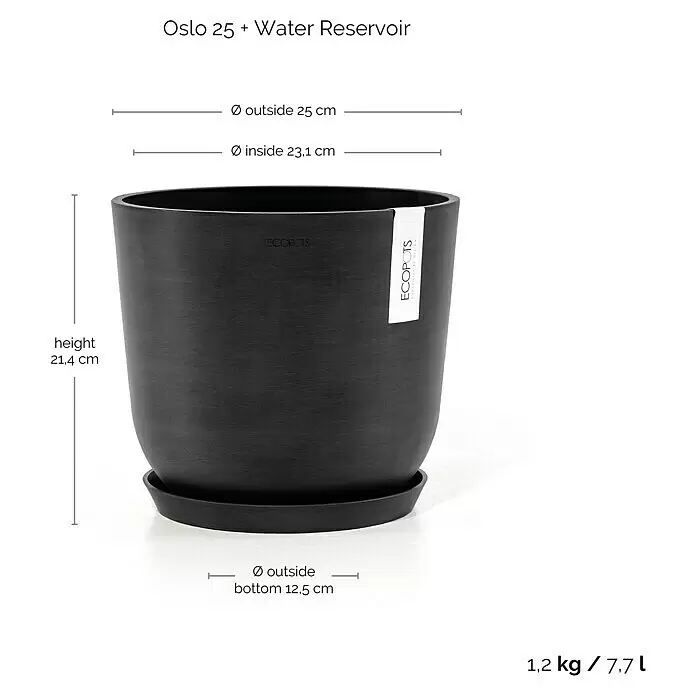 Ecopots Oslo Pflanztopf mit Wasserspeicher - Außenmaß (Ø x H): 25 x 21,4 cm, Kunststoff, Dunkelgrau - Dunkelgrauer ECOPOTS Oslo 25 Blumentopf mit Untersetzer und Wasserreservoir.