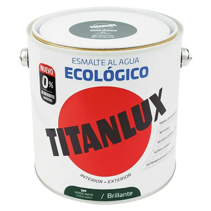 Titanlux Esmalte de color Eco - Verde mayo, Reluciente, 2,5 l, Base de agua - Bote de pintura Titanlux Ecológico, un producto respetuoso con el medio ambiente, ideal para espacios interiores y exteriores.