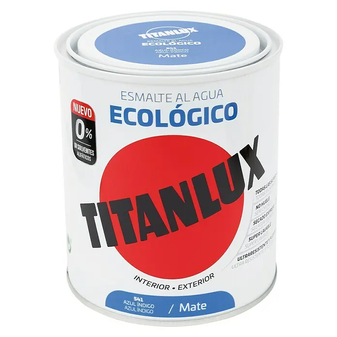 Titanlux Esmalte de color Eco - Azul índigo, Mate, 750 ml, Base de agua - Bote de esmalte al agua Titanlux Ecologico en azul índigo, acabado mate, para interior y exterior. Sin disolventes.