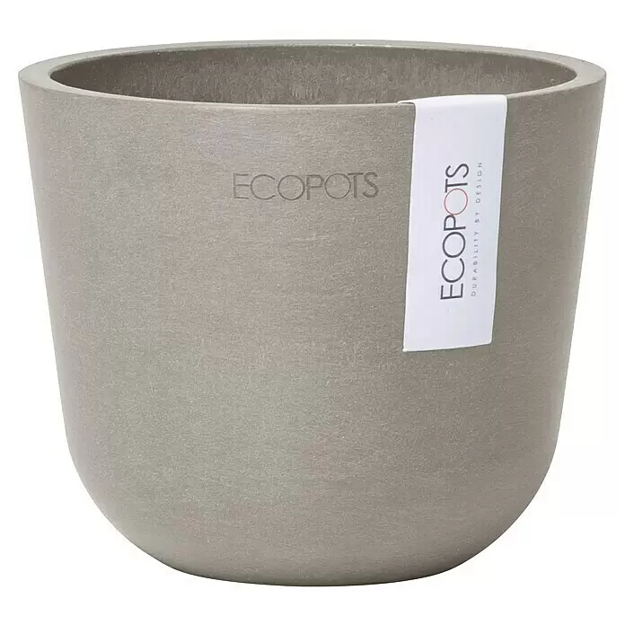 Ecopots Oslo Pflanztopf Mini - Außenmaß (Ø x H): 11,4 x 9,5 cm, Kunststoff, Braungrau - Hellgrauer, runder Pflanztopf mit strukturierter Oberfläche und einem ECOPOTS-Etikett.
