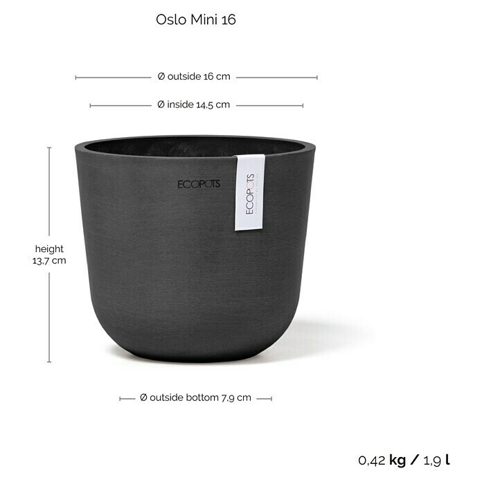 Ecopots Oslo Pflanztopf Mini (Außenmaß (Ø x H): 16 x 14 cm, Kunststoff, Dunkelgrau) | BAUHAUS