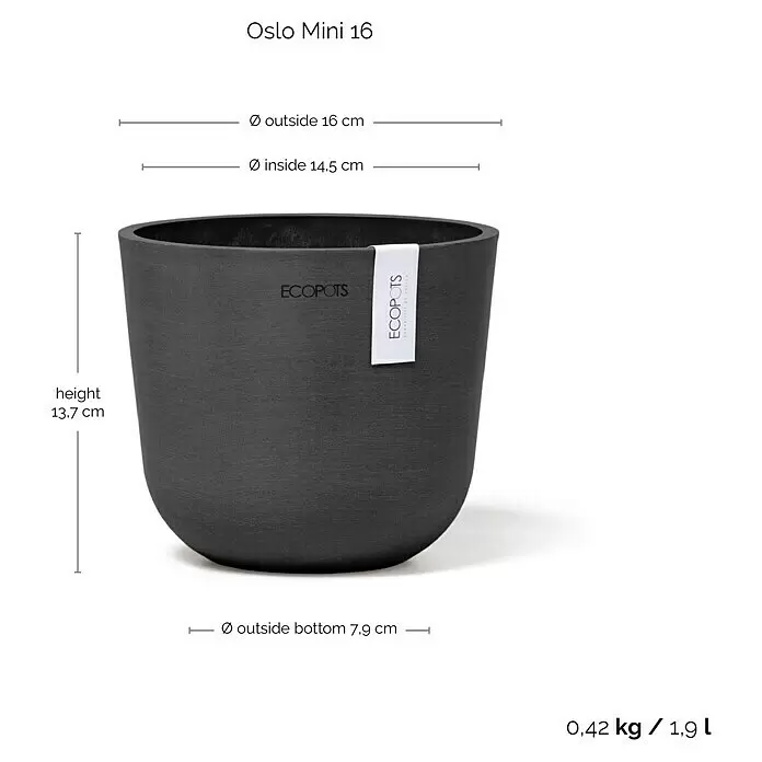 Ecopots Oslo Pflanztopf Mini - Außenmaß (Ø x H): 16 x 13,7 cm, Kunststoff, Dunkelgrau - Dunkelgrauer "Oslo Mini 16" Blumentopf mit strukturierter Oberfläche.
