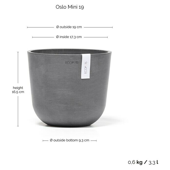 Ecopots Oslo Pflanztopf Mini (Außenmaß (Ø x H): 19 x 16,5 cm, Kunststoff, Grau) | BAUHAUS