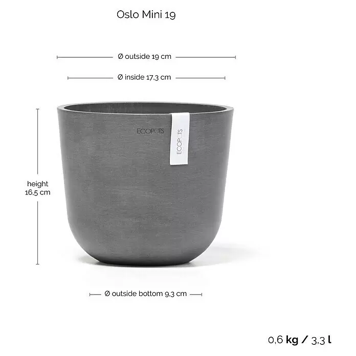 Ecopots Oslo Pflanztopf Mini - Außenmaß (Ø x H): 19 x 16,5 cm, Kunststoff, Grau - Dunkelgrauer zylindrischer Blumentopf mit Maßangaben und 'ECOPOTS'-Etikett.