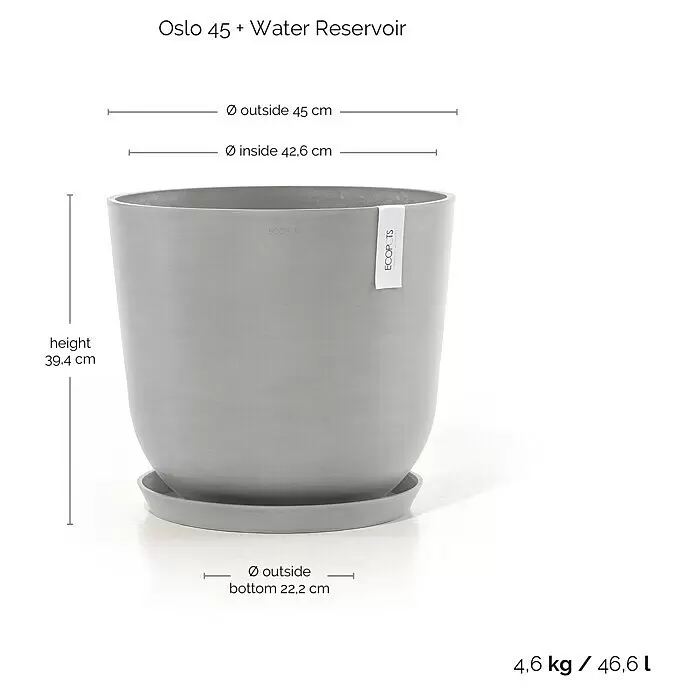 Ecopots Oslo Pflanztopf mit Wasserspeicher - Außenmaß (Ø x H): 45 x 39,4 cm, Kunststoff, Weißgrau - Helles graues ECOPOTS Oslo 45 Pflanzgefäß mit Wasserspeicher und passender Untertasse.