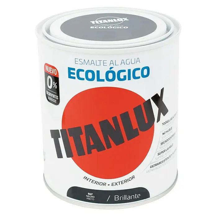 Titanlux Esmalte de color Eco - Negro, Brillante, 750 ml, Base de agua - Bote de esmalte al agua Titanlux, ecológico, color negro brillante, para interior y exterior, sin disolventes.