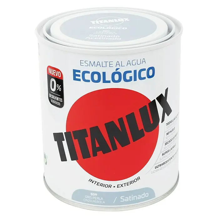 Titanlux Esmalte de color Eco - Gris perla, Satinado, 750 ml, Base de agua - Bote de esmalte al agua Titanlux, ecológico y satinado. Apto para interior y exterior, con 0% de disolventes alifáticos.