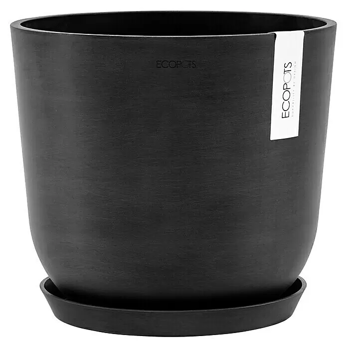Ecopots Oslo Pflanztopf mit Wasserspeicher - Außenmaß (Ø x H): 25 x 21,4 cm, Kunststoff, Dunkelgrau - Dunkelgrauer ECOPOTS Pflanztopf mit strukturierter Oberfläche und passendem Untersetzer.