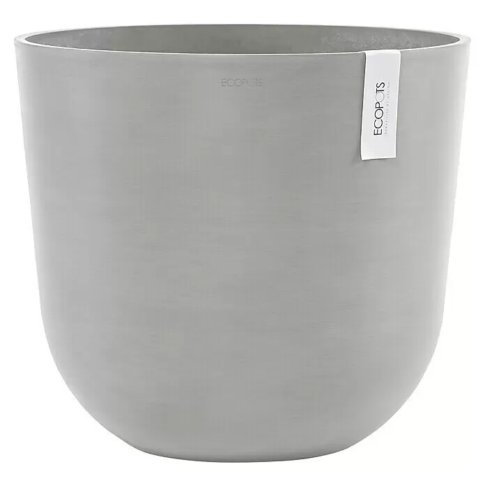 Ecopots Oslo Pflanztopf mit Wasserspeicher - Außenmaß (Ø x H): 45 x 39,4 cm, Kunststoff, Weißgrau - Hellgrauer, matter, runder Blumentopf mit ECOPOTS-Etikett.