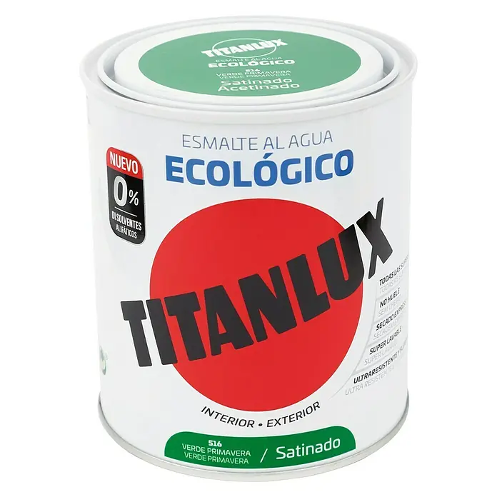 Titanlux Esmalte de color Eco - Verde primavera, Satinado, 750 ml, Base de agua - Un bote de pintura de esmalte al agua Titanlux, ecológica, en color verde primavera. Ideal para uso interior y exterior.