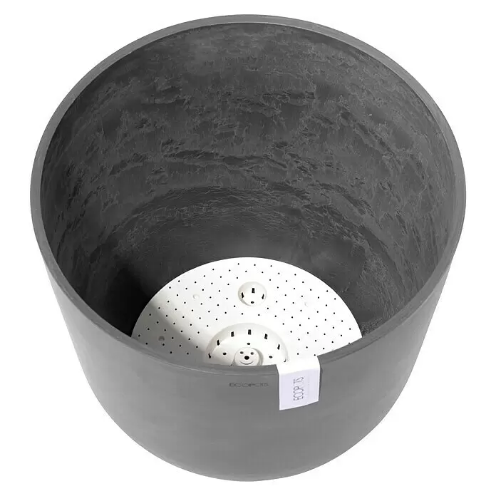 Ecopots Oslo Pflanztopf mit Wasserspeicher - Außenmaß (Ø x H): 45 x 39,4 cm, Kunststoff, Grau - Dunkelgrauer, strukturierter Pflanztopf mit weißem Selbstbewässerungseinsatz.