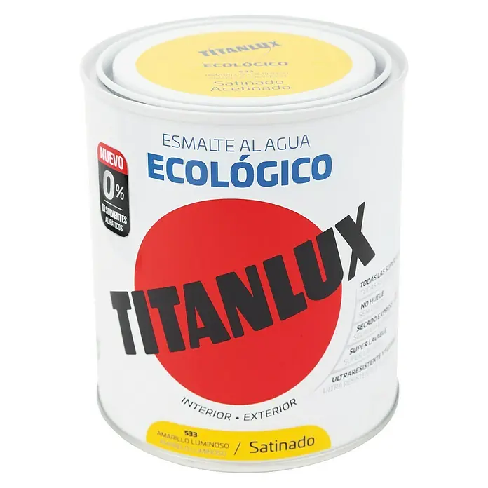 Titanlux Esmalte de color Eco - Amarillo luminoso, Satinado, 750 ml, Base de agua - Bote de pintura esmalte al agua Titanlux, esmalte ecológico, tono 533 amarillo luminoso/satinado, para interior y exterior, sin disolventes.
