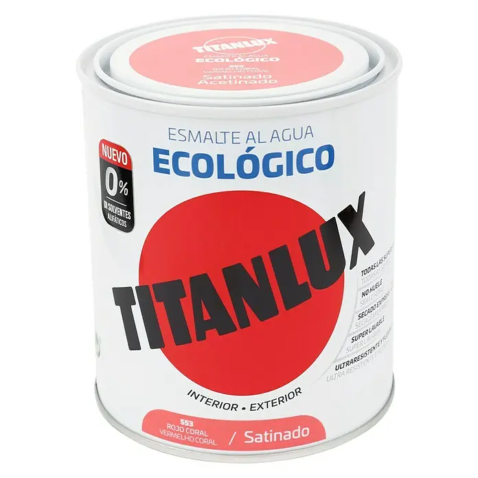 Titanlux Esmalte de color Eco - Rojo coral, Satinado, 750 ml, Base de agua - Una lata de esmalte al agua "Ecológico" de Titanlux en color rojo coral, apto para interiores y exteriores, con un acabado satinado.