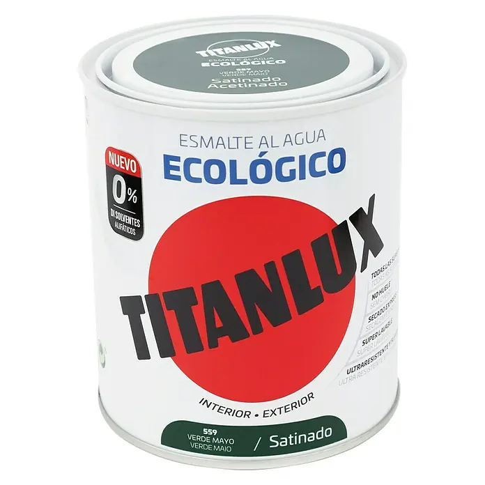 Titanlux Esmalte de color Eco - Verde mayo, Satinado, 750 ml, Base de agua - Bote de pintura al agua "Ecologico" de Titanlux en verde. Ideal para interiores y exteriores, sin disolventes, super lavable y ultraresistente.