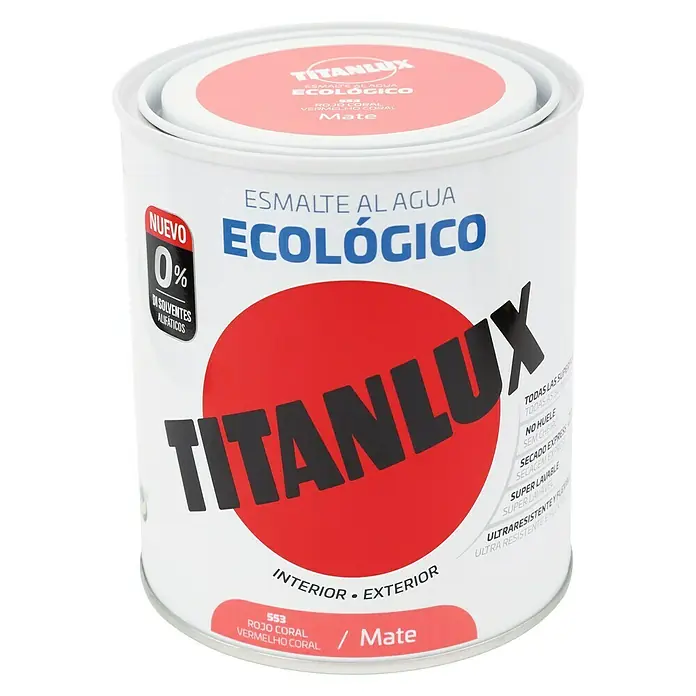 Titanlux Esmalte de color Eco - Rojo coral, Mate, 750 ml, Base de agua - Bote de pintura al agua Titanlux, pintura ecológica en color rojo coral, acabado mate. Apta para interior y exterior.
