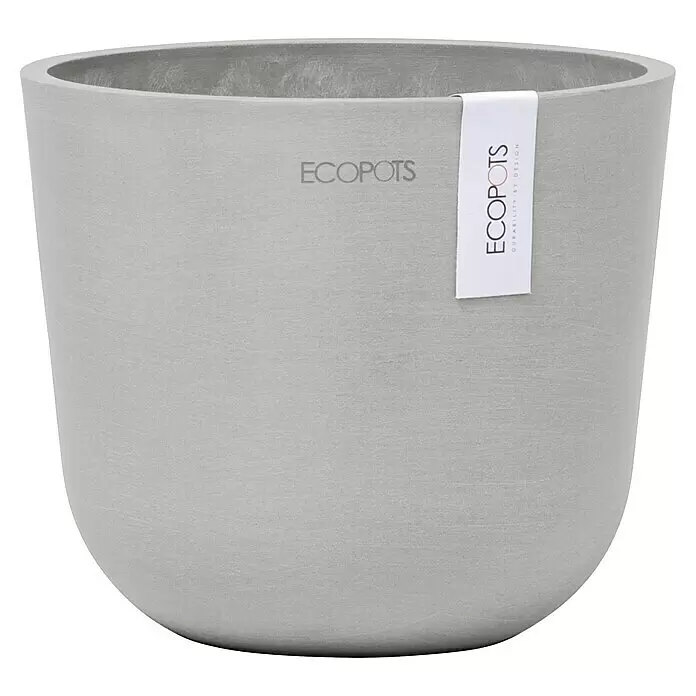 Ecopots Oslo Pflanztopf Mini - Außenmaß (Ø x H): 16 x 13,7 cm, Kunststoff, Weißgrau - Hellgrauer, texturierter Pflanztopf mit ECOPOTS-Branding, der Langlebigkeit betont.