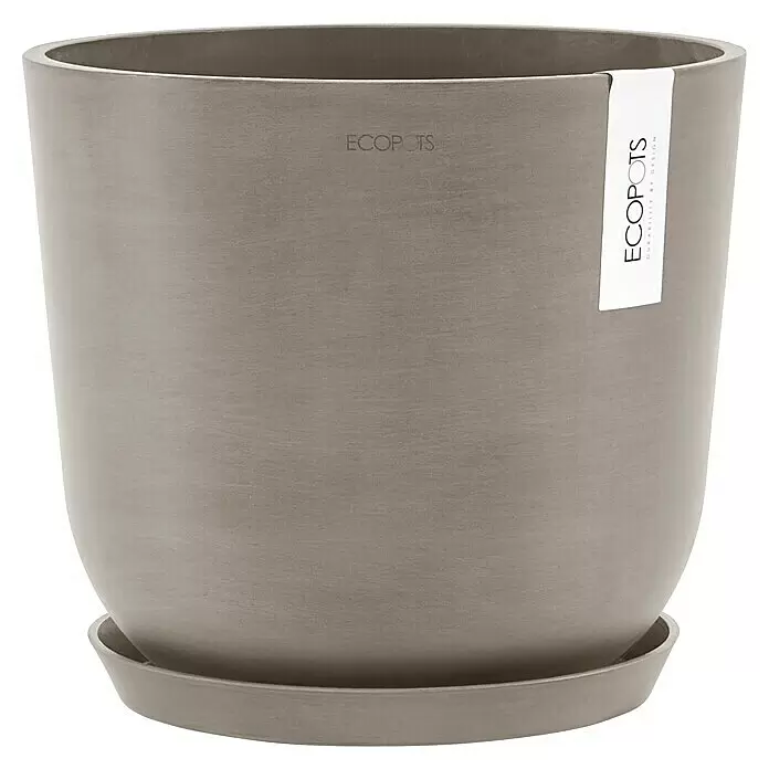 Ecopots Oslo Pflanztopf mit Wasserspeicher - Außenmaß (Ø x H): 25 x 21,4 cm, Kunststoff, Braungrau - Grauer, strukturierter Blumentopf mit passendem Untersetzer.