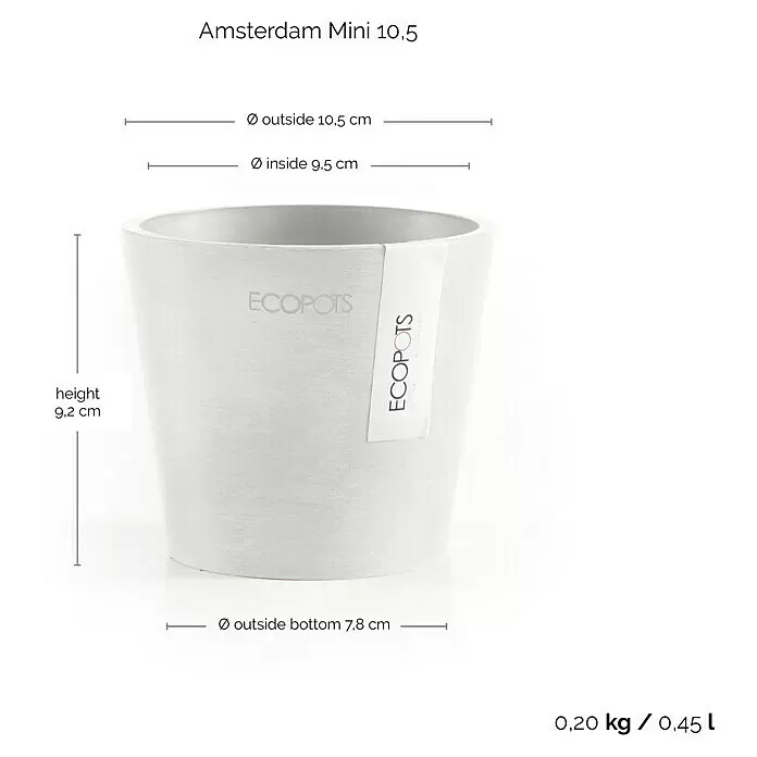 Ecopots Amsterdam Pflanztopf Mini - Außenmaß (Ø x H): 10,5 x 9,2 cm, Kunststoff, Weiß - Hellgrauer ECOPOTS Amsterdam Mini Blumentopf mit Maßen und Fassungsvermögen.