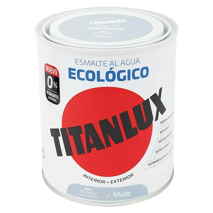 Titanlux Esmalte de color Eco - Gris perla, Mate, 750 ml, Base de agua - Bote de pintura al agua TITANLUX "Ecologico Mate" en gris. Pintura ecológica para interiores y exteriores con un acabado mate.