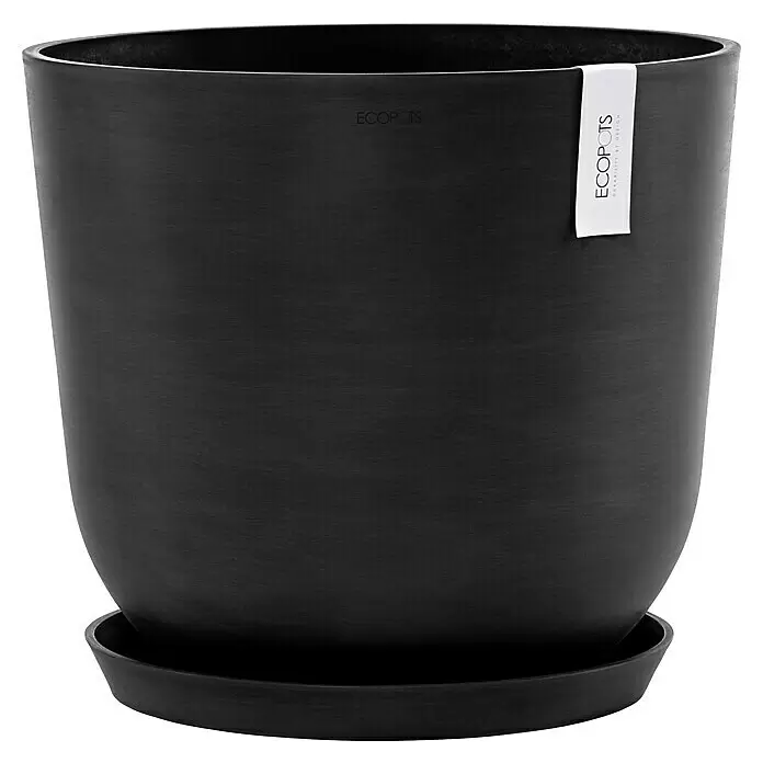 Ecopots Oslo Pflanztopf mit Wasserspeicher - Außenmaß (Ø x H): 45 x 39,4 cm, Kunststoff, Dunkelgrau - ECOPOTS dunkelgrauer, texturierter Pflanztopf mit passender Untertasse.