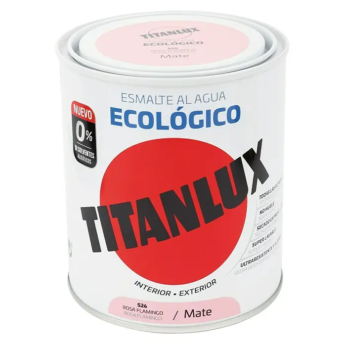 Titanlux Esmalte de color Eco - Rosa flamingo, Mate, 750 ml, Base de agua - Bote de esmalte al agua Titanlux, ecológico, tono Rosa Flamingo, acabado mate para interior y exterior.