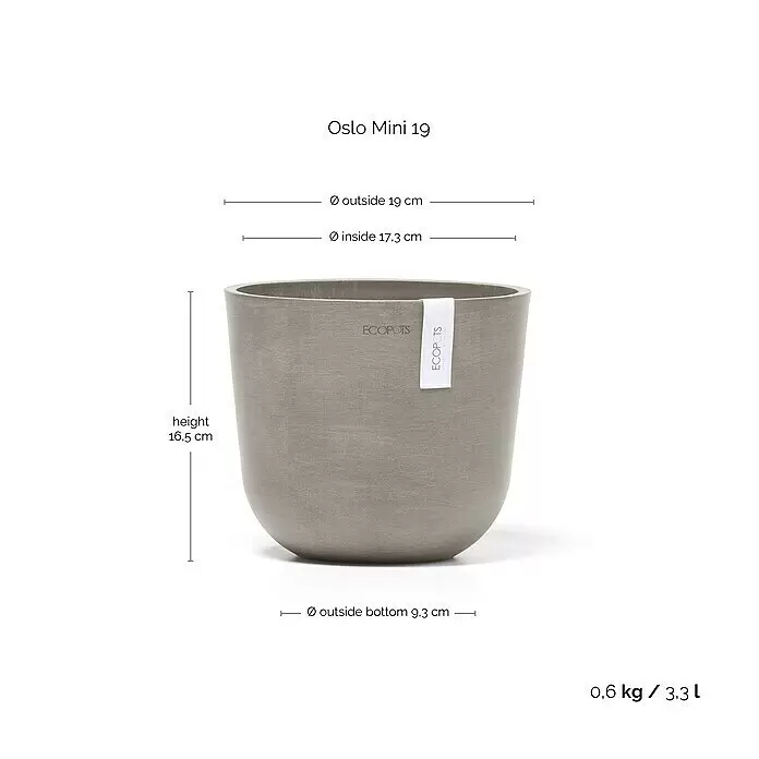 Ecopots Oslo Pflanztopf Mini - Außenmaß (Ø x H): 19 x 16,5 cm, Kunststoff, Braungrau - Hellgrauer ECOPOTS Pflanzentopf mit Maßen und Gewicht.